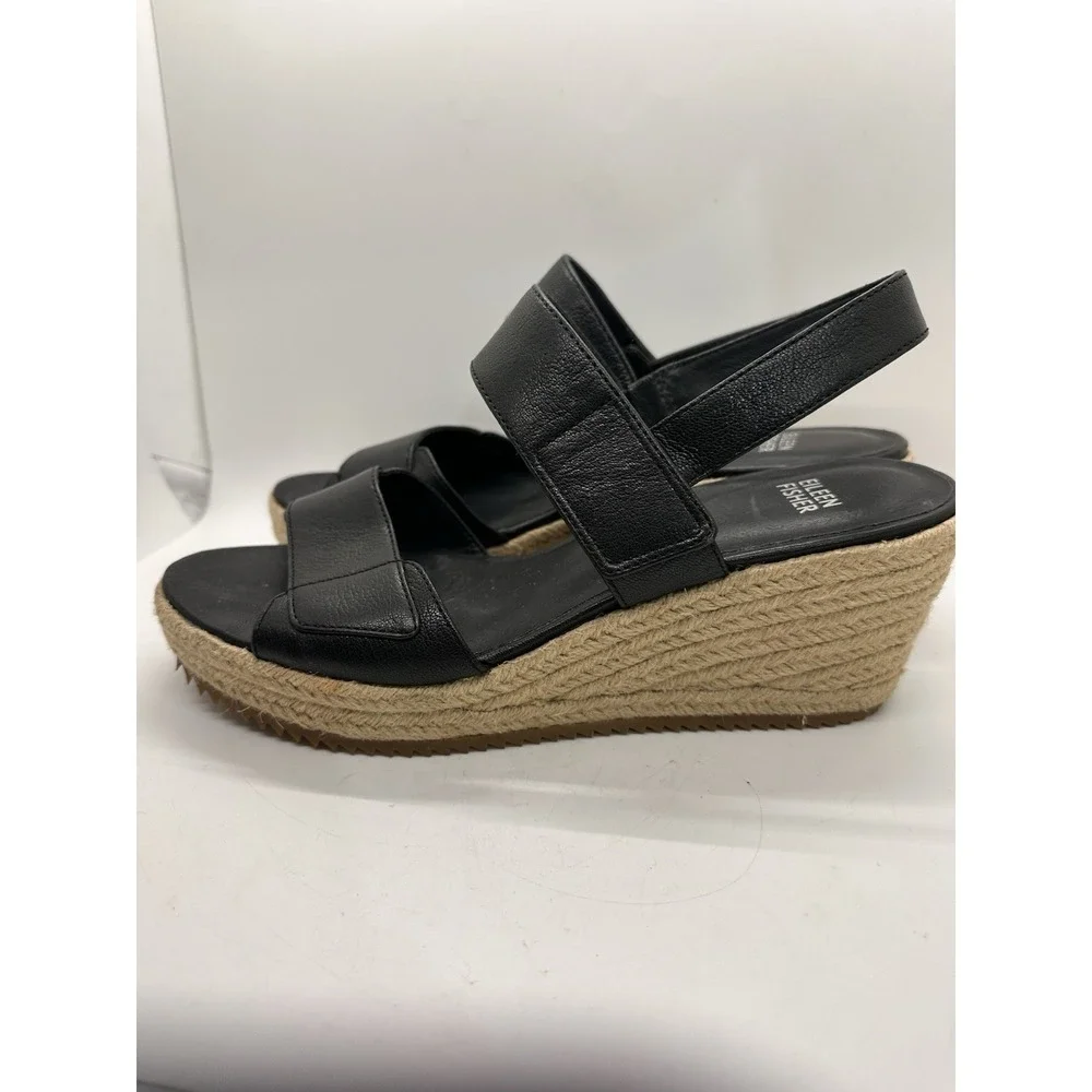 Eileen Fisher Winnie Black Leather Espadrille Wedge Platform Sandals Size 9